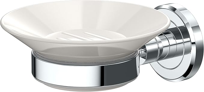 Gatco 1940 Latitude II, Soap Dish Holder, Chrome and White Combo | Wall Mounted Porcelain Soap Dish with Holder in Chrome | 2.10" H x 4.31" W x 5.25" D