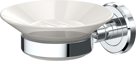 Gatco 1940 Latitude II, Soap Dish Holder, Chrome and White Combo | Wall Mounted Porcelain Soap Dish with Holder in Chrome | 2.10" H x 4.31" W x 5.25" D