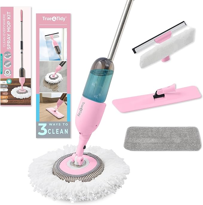 Heavy Duty Spray Mop Kit for Floor Cleaning, Refillable Water Tank, Use Any Cleaning Solution with Machine Washable Pads, Includes Flat Mop Head, Round, Squeegee Head