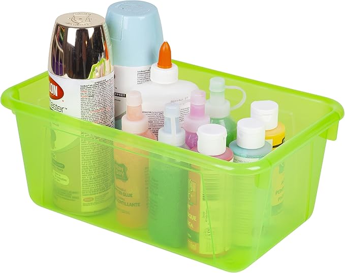 Storex Small Cubby Bins – Plastic Storage Containers for Classroom with Non-Snap Lid, 12.2 x 7.8 x 5.1 inches, Tint Green, 5-Pack (62483U05C)