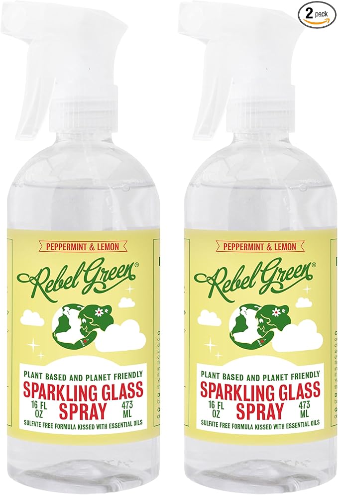 Rebel Green Sparkling Glass Spray - Streak-Free Natural Glass Cleaner for Windows, Mirrors, and Surfaces - Peppermint & Lemon Scent - 16 oz - 2 Pack