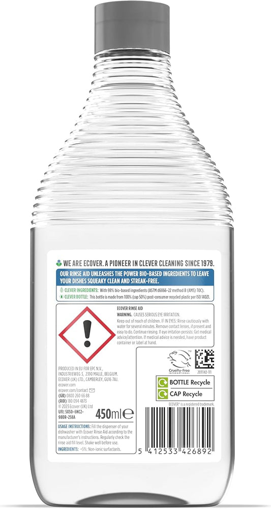 Ecover Dishwasher Rinse Aid, Sparkling Dishes and Quick Drying Action, For The Ultimate Clean, Pack of 1, 450ml