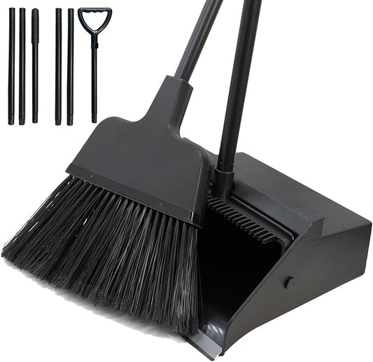 Broom with Dustpan Combo Set Outdoor Upright Dustpan and Broom Set with Long Handle Angle Broom and Dustpan Set for Garage Patio Courtyad Lobby Lawn Home Kitchen Ofiice