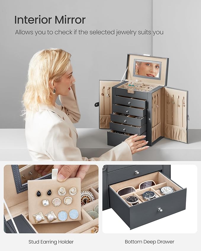 SONGMICS 6-Layer Jewelry Box Organizer with 5 Drawers, Jewelry Storage Case with Lock and Mirror, Large Storage Capacity, Gift for Loved Ones, for Necklaces, Watches, Gray UJBC152G01