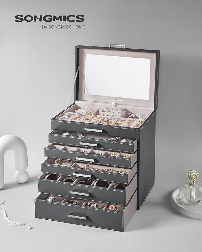 SONGMICS Jewelry Box, 6-Tier Jewelry Organizer, Large Jewelry Case with Big Mirror, 5 Drawers, Large Capacity, Jewelry Storage, Modern Style, Gift for Loved Ones, Gray UJBC138G01