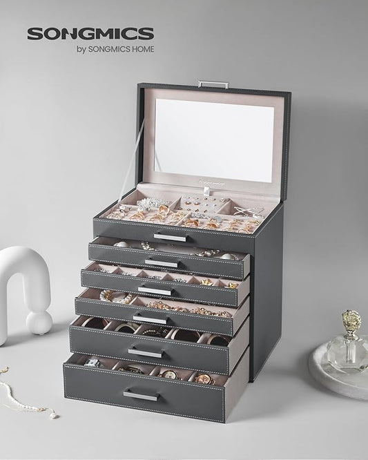 SONGMICS Jewelry Box, 6-Tier Jewelry Organizer, Large Jewelry Case with Big Mirror, 5 Drawers, Large Capacity, Jewelry Storage, Modern Style, Gift for Loved Ones, Gray UJBC138G01