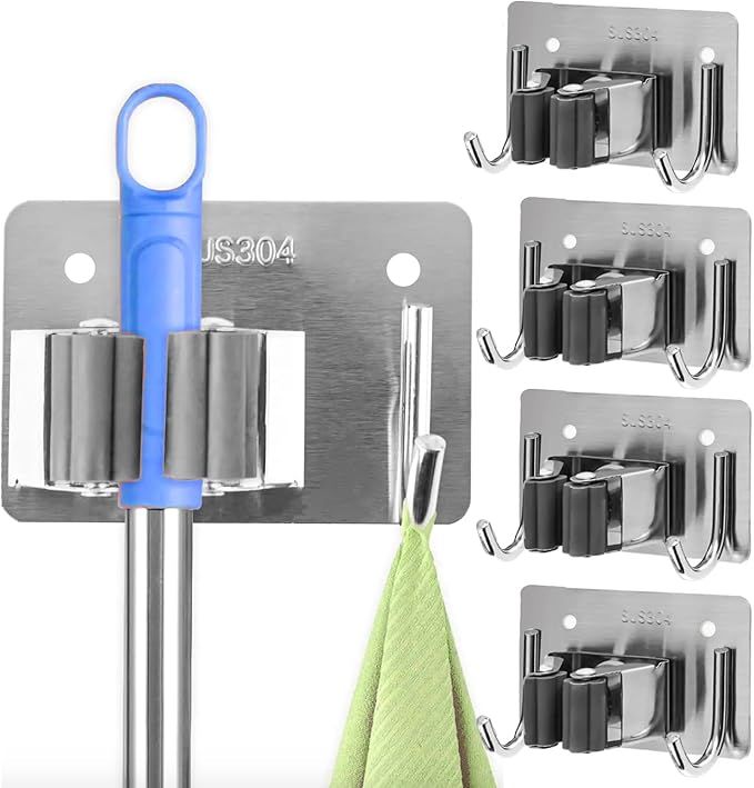 Mop and Broom Holder Wall Mount Stainless Steel 304 Tool Garage Organization Rack Scew and Self Adhesive Broom Hanger Heavy Duty 4pcs