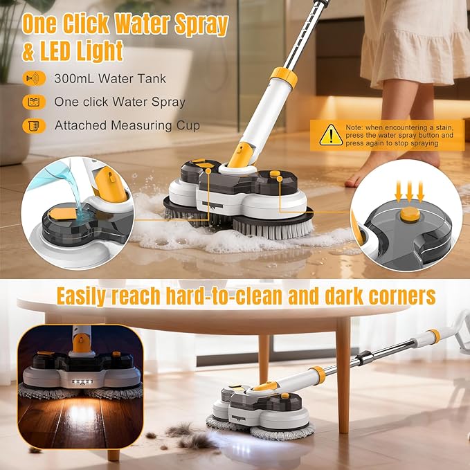 Cordless Electric Mop for Dewalt 20V Battery (NO Battery), 2 in 1 Spin Mop & Electric Floor Scrubber with LED Light & Water Spray, Electric Mops for Floor Cleaning, Hardwood,Tile (White Yellow)