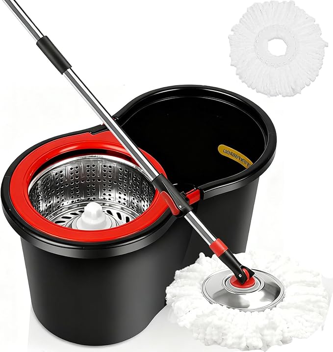 Spin Mop and Bucket with Wringer Set, 360°Rotating Head Mop Bucket System, 3 Replacement Mop Heads for Floor Cleaning (Black & Red) (A mop Head)