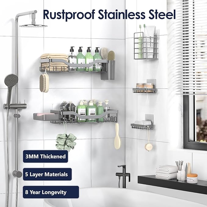 Shower Caddy Adhesive Shower Organizer 7-Pack, Rustproof Stainless Steel Bathroom Shelves, Large Capacity No-Drill Rack Storage Accessories with Soap Dish Toothbrush Holder Hooks