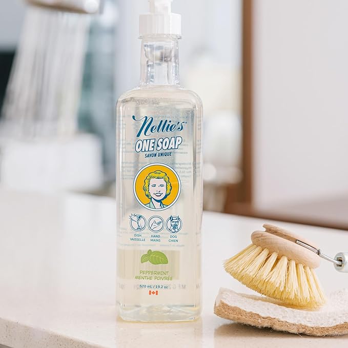 Nellie's One Soap - Peppermint Scented - Gentle Multi-Purpose Cleaner for Dishes, Surfaces, and Hands - Hypoallergenic, Plant-Based, Chemical-Free, and Soft on Skin - 19.2 oz - (Made in Canada)