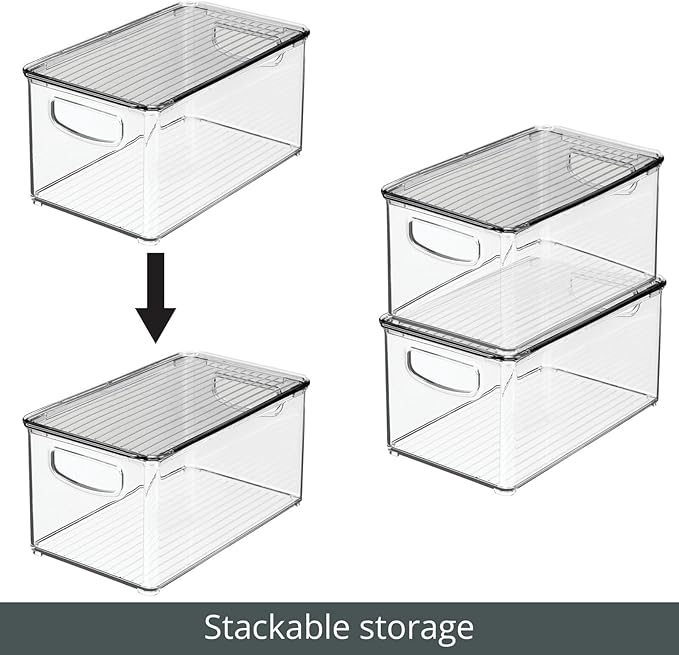 mDesign Deep Plastic Bathroom Storage Bin Box, Lid/Built-in Handles, Organization for Makeup, Hair Styling Tools, Toiletry Accessories in Cabinet, Shelves, Ligne Collection, 2 Pack, Clear/Smoke Gray