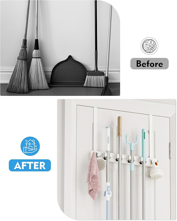Over the Door Broom Holder, Mop and Broom Holder Door Mount, Hanging Organizer with 4 Racks & 2 Hooks, Wooden Hanger Storage Decor, Laundry Tool Organizer for Closet Garage, No Drills