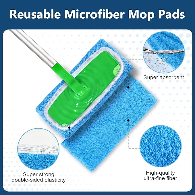 Reusable Mop Pads Fit Swiffersweeper, 6 Pack Reusable Microfiber Mop Pads, Washable Dry Sweeping Cloths & Wet Swifferpads Refills for Hardwood & Multi - Surface Floor Cleaning A