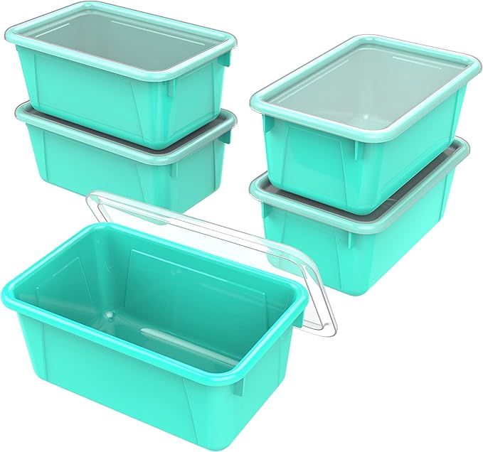 Storex Small Cubby Bins – Plastic Storage Containers for Classroom with Non-Snap Lid, 12.2 x 7.8 x 5.1 inches, Teal, (62412U05C) (Pack of 5)