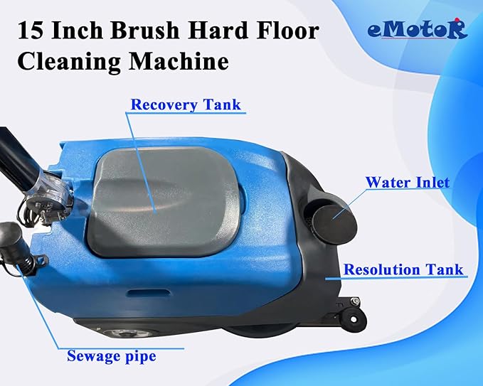 Emotor Walk Behind 15" Brush Floor Scrubber Machine, Battery Powered Hand-Push Commercial Industrial Floor Scrubber Machine 34.65''X22.83''X26.77'' (Blue)