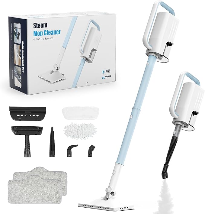 7-in-1 Steam Mop, 1200W Rotated Steam Cleaner for Home, 2 Modes, 400ML Removable Tank, 23FT Power Cord, 2 Pads, Multi-Surface Steamer for Hard Floor, Laminate Floor, Tiles Cleaning（Lake Blue）