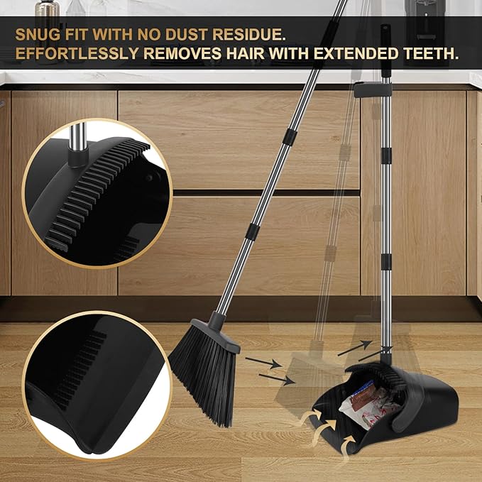 Upgraded Broom and Dustpan Set, 55" Long Handle Black Large Broom with Dustpan Combo Set，Self Cleaning Dustpan for Lobby Kitchen Office Restaurant
