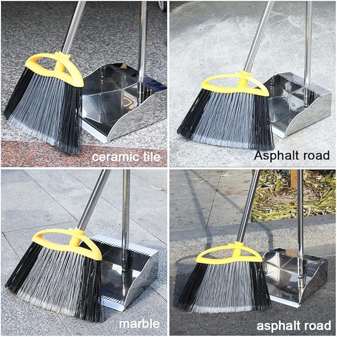 Broom and Dustpan Set, Outdoor Heavy Duty Broom with Stainless Steel Dustpan,Stiff Bristles Broom and Metal Dust Pan for Home