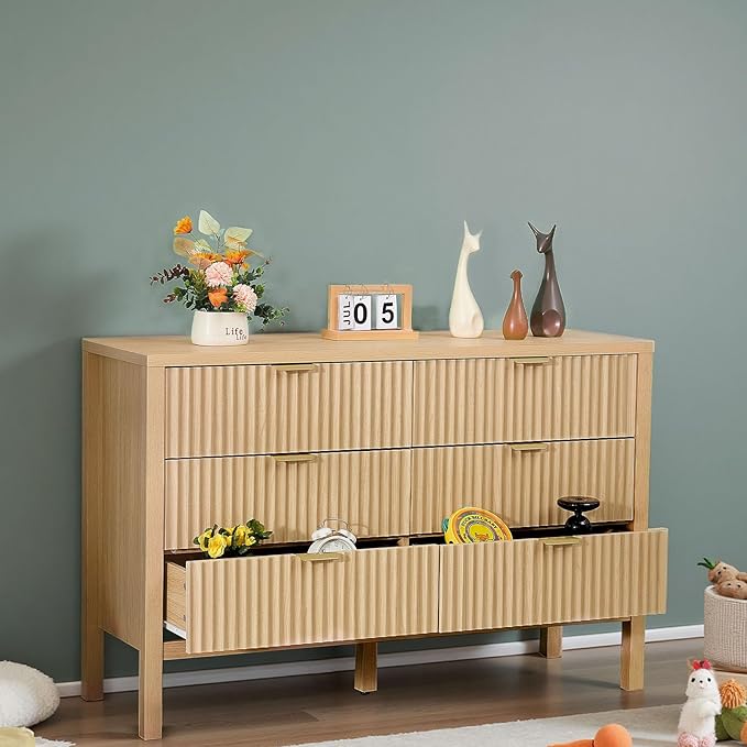 VEVOR Fluted Dresser with 6 Drawer, 47" Wide Chest of Drawers with Golden Metal Handle, Modern Closet Dresser TV Stand, Boho Wood Storage Organizer for Bedroom, Living Room, Hallway, Entryway, Natural