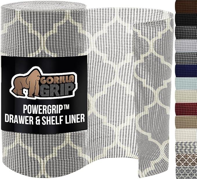 GORILLA GRIP powerGRIP Drawer Shelf and Cabinet Liner, Thick Strong Hold, Non-Adhesive Liners Protect Kitchen Cabinets and Cupboard, Bathroom Drawers, Easy Install, Breathable Mat, 20" x20', Gray
