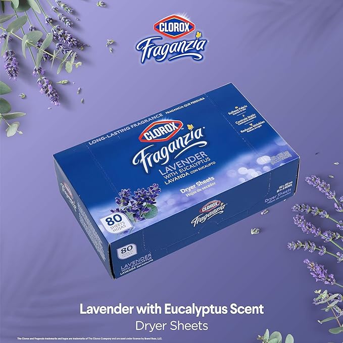 Clorox Fraganzia Fabric Softener Dryer Sheets, Lavender Scent - Wrinkle Reducing Scented Softening Laundry Dryer Sheets for Great Smelling Clothes, 80 Count - 6 Pack
