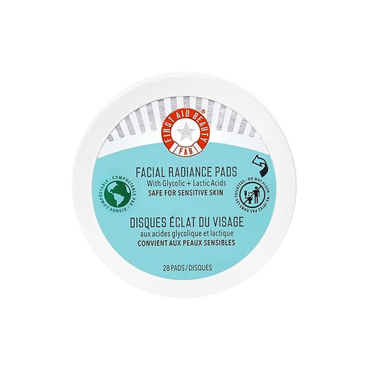 First Aid Beauty - Facial Radiance Pads with Glycolic & Lactic Acids, Daily Exfoliating Pads with AHA, Visibly Smaller Pores, Help Tone & Brighten Skin, One-Step Makeup Prep, Compostable, 28