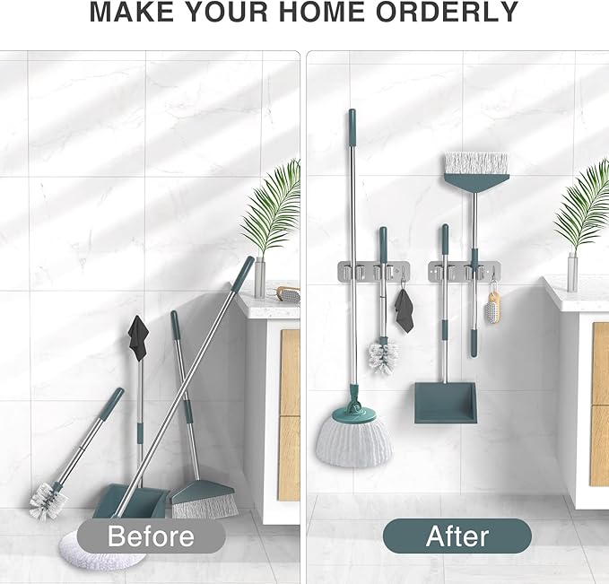 Wall Mount Mop and Broom Holder, Heavy Duty Stainless Steel Organizer Rack with Hooks | 4-Pack, 2-in-1 No Drill & Screw Installation, Silver