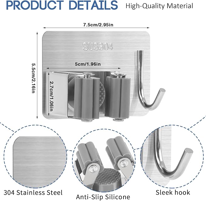 Mop Broom Holder Wall Mount, Stainless Steel, Rust Resistant, Heavy Duty, No Drill,Self-adhesive Broom Holder Wall Mount with Hooks 4Pcs for Bathroom, Kitchen, Garage, Nickel