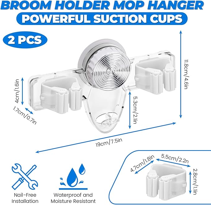2 Pack Broom Holder Mop Hanger - Strong Suction Cup - No Drill Removable Broom Organizer Rack Wall Mount with Hooks for Bathroom Kitchen Garage, Clear