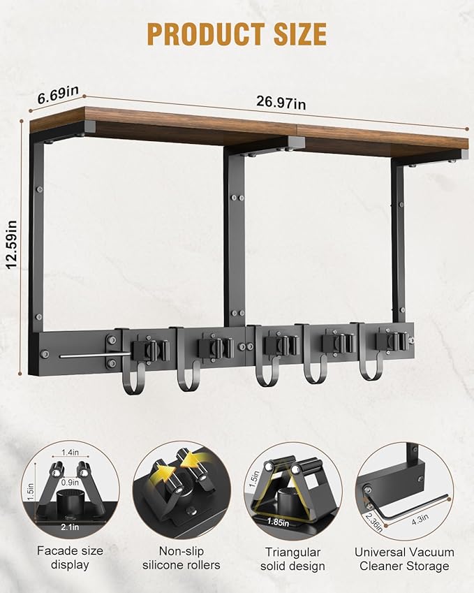 Broom Holder Wall Mount with Top Wooden Shelf, Heavy Duty Metal Cleaning Supplies Broom Hanger with Vacuum Organizer and 5 Slots & 5 Hooks for Laundry Garage Tool Storage Kitchen (Large)