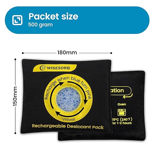 500g Reusable Silica Gel Desiccant Packs, Rechargeable Dehumidifier Moisture Absorbers with Color Indicator for Storage, Gun Safes, Suitcases, 3D Printing Filaments, Electronics, Car [2 Pack]