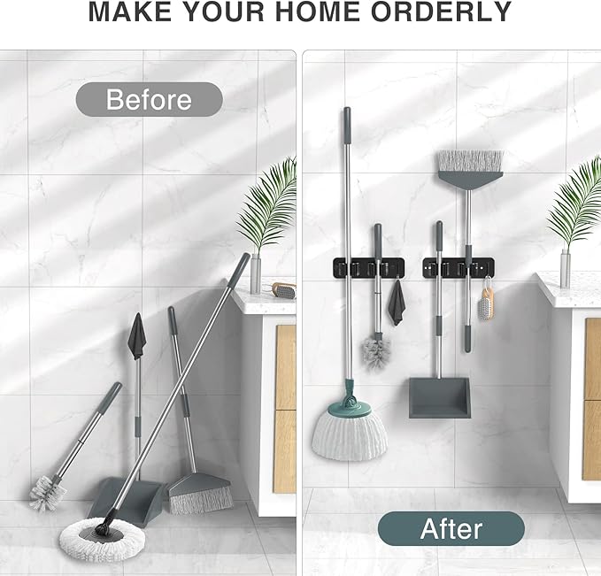 Wall Mount Mop and Broom Holder, Heavy Duty Stainless Steel Organizer Rack with Hooks | 4-Pack, 2-in-1 No Drill & Screw Installation, Black