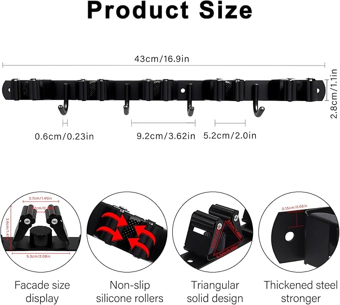 5 Racks and 4 Hooks Mop and Broom Holder Wall Mount, SUS304 Heavy Duty Broom Organizer Storage Tool Racks, Self Adhesive Solid Non-slip Tool Hangers for Home Kitchen Garden Laundry Garage