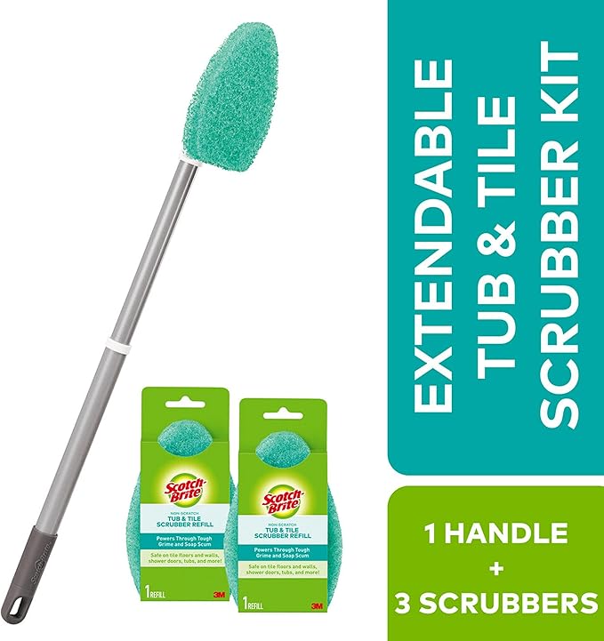 Scotch-Brite Extendable Tub & Tile Scrubber Kit, Includes 1 Handle and 3 Non-Scratch Scrubber Pads