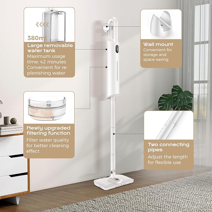 Steam Mop All-in-one for Floor Cleaning, MultiPurpose Steam Cleaner for Home with 13 Accessories, Detachable Handheld Floor Steamer with Scent Container and strap for Hardwood,Tiles & Carpet（White）