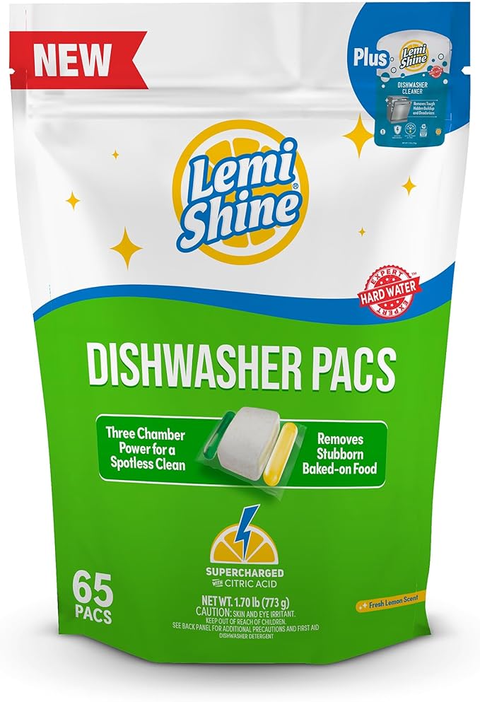 Lemi Shine Natural Dishwasher Detergent Pacs with Dishwasher Cleaner Pouch - Eco Friendly Cleaning Supplies - 31.8 oz (65 Count)