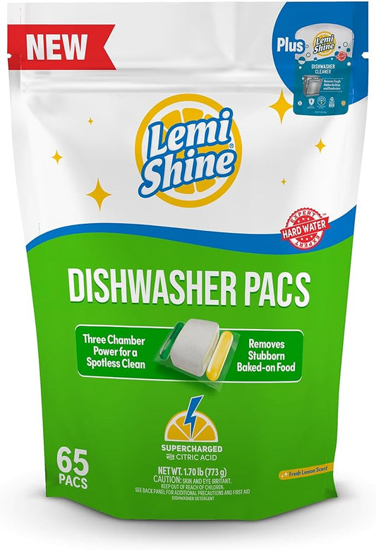 Lemi Shine Natural Dishwasher Detergent Pacs with Dishwasher Cleaner Pouch - Eco Friendly Cleaning Supplies - 31.8 oz (65 Count)