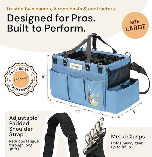FifthStar Cleaning Caddy Bag for Professionals - Heavy-Duty Organizer with Shoulder Strap, 9 Pockets, Mesh Base & Adjustable Compartments - Cleaning Supplies Organizer for Crews (Blue, Large)