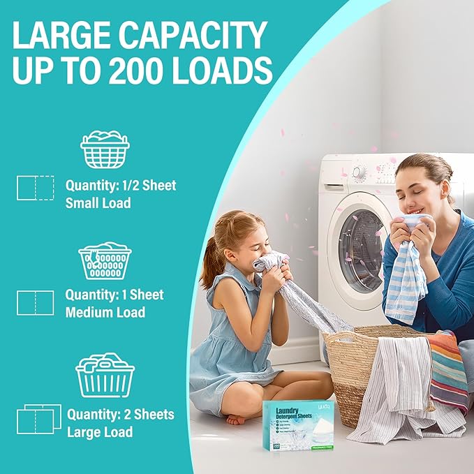 Laundry Detergent Sheets 200 Loads Unscented Laundry Soap Sheets Compact Lightweight Liquidless Biodegradable Plastic Free Alternative to Liquid & Powder Detergent