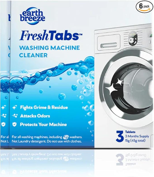 Earth Breeze Fresh Tabs - Washing Machine Cleaner Tablets - Deep Cleaning to Fight Odor-Causing Residue for Front Loader, Top Load, HE Washers - for Fresher, Cleaner Laundry - 6 Month Supply