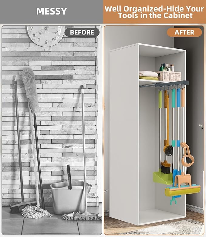 Pull Out Broom Holder, Multifunctional Slide Broom And Mop Storage/Organizer With Adjustable Double Row Sliding Hook, Garage Organization Hooks, for Closet Laundry - grey - 36cm/14.17inch