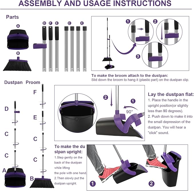 Large Broom and Dustpan Set, Purple Broom with Dustpan Combo Set, 55" Long Handle Broom, Self Cleaning Dustpan, Ideal for Home and Dog Cat Pets