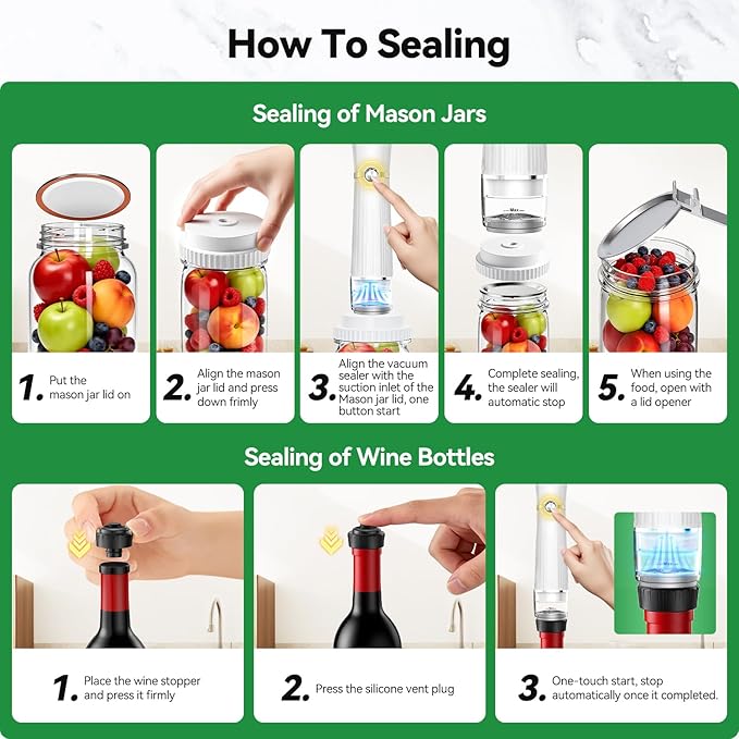 Vacuum Sealer for Food (Compact Vacuum Sealer Machine+30 Reusable Bags+20 Mason Jar Lids+Wine Stopper), Handheld Mason Jar Vacuum Sealer for 10X Preservation & Fresh, 80Kpa Portable Vacuum Food Saver