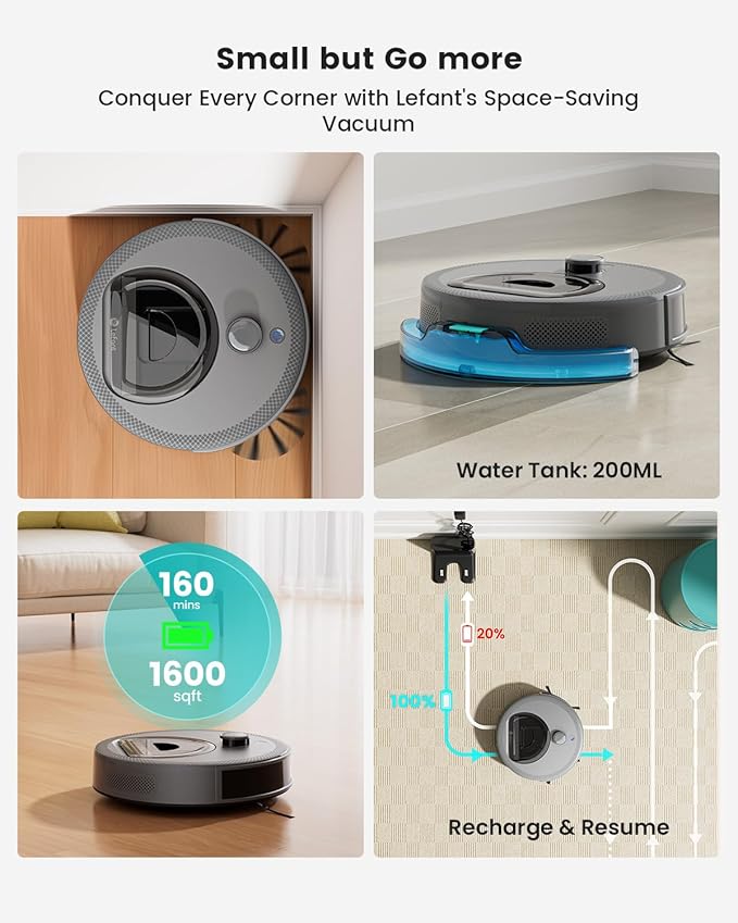 Lefant Robot Vacuum and Mop, Upgraded LiDAR Navigation, 450ml Visible Dustbin, Strong Suction, Multi-Floor Mapping, Self-Charge, WiFi/Alexa/APP, Multi-Surface Cleaning, M330 Pro Grey
