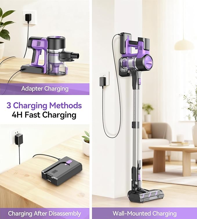 S10 Cordless Vacuum Cleaner, 55Kpa 60mins Lightweight Stick Vacuum with Powerful Suction for Home, Rechargeable, Self-Standing, Handheld Vacuum Cleaners for Hardwood Floors, Carpets, Purple