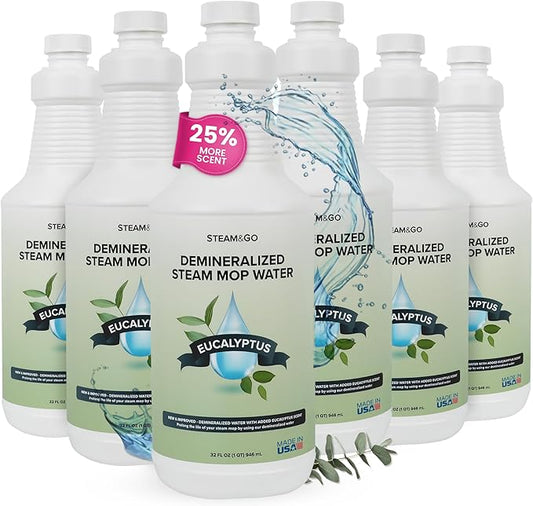 Steam & Go Demineralized Water for Steam Cleaner, PVC-Free Floor Cleaning Liquid Compatible with Any Steam Mop, Ready-to-Use Multisurface Cleaner, Scented, Eucalyptus Mint, 32 oz, Pack of 6