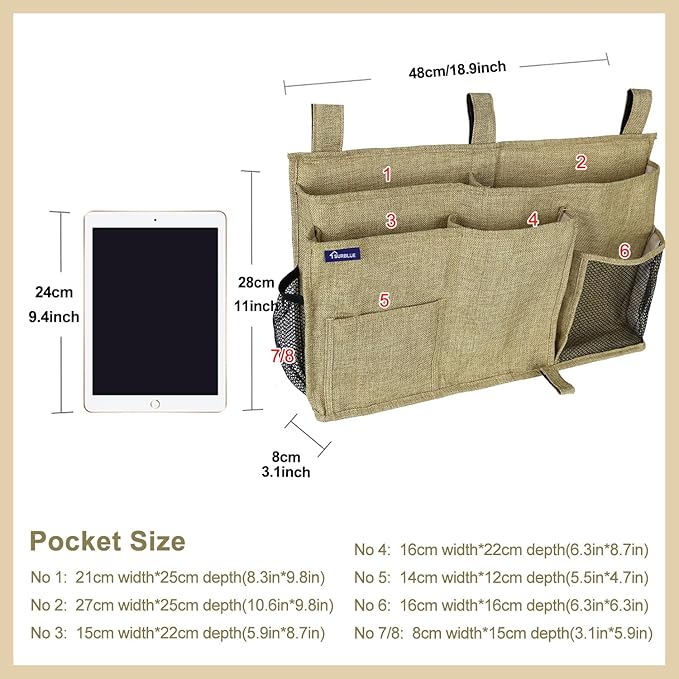 Surblue Bedside Caddy Hanging Bed Organizer Storage Bag Pocket for Bunk and Hospital Beds, College Dorm Rooms Baby Bed Rails, Camp 8 Pockets, (Large, Linen)