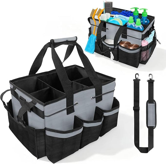 Large Cleaning Caddy Bag 15" x 10½" x 9" Heavy-Duty Organizer Tote for Home, Housekeepers, Janitors Cleaning Caddy for Cleaning Supplies with Shoulder Strap & Multiple Pockets (Gray)