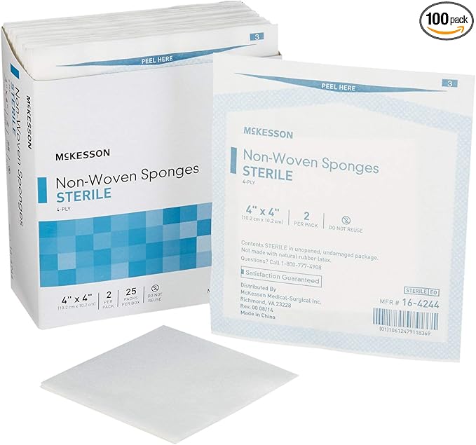 McKesson Non-Woven Sponges, Sterile, 4-Ply, Polyester/Rayon, 4 in x 4 in, 2 per Pack, 50 Packs, 100 Total